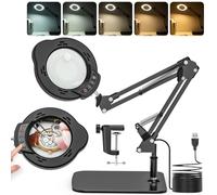 Jubor 2-in-1 Magnifying Glass with Light and Stand, 15X 10X Magnifying Lamp with Clamp and Base, LED Desk Magnifier Lamp with 5 Color Modes and 10 Brightness Levels for Hobby Crafts, Repair, Reading