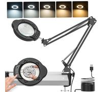 Jubor Improved Magnifying Glass with Light and Stand, 15X 10X Magnifying Lamp with Clamp, LED Desk Magnifier Lamp with 5 Color Modes and 10 Brightness Levels for Hobby Crafts, Repair, Reading