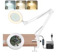 Jubor Magnifying Glass with Light and Stand, 10X 8X LED Magnifying Lamp with Clamp, Desk Magnifier Lamp with 3 Color Modes Dimmable for Hobby Crafting, Repair, Reading