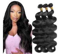 Jucames Real Hair Weft Bundle, Body Wave Human Hair Extension, 3 Bundles, 100% Unprocessed Virgin Remy Brazilian Hair Wefts, Double Weft, Natural Black, Colour for Women, 18 18 18 Inches