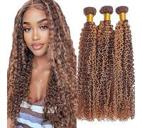 Jucames Real Hair Weft Bundles Curly Wave Human Hair Extension 3 Bundles 100% Unprocessed Virgin Remy Brazilian Hair Wefts Double Weft Highlight Brown Colour for Woman 16 18 20 Inches