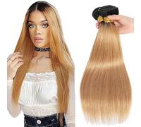 Jucames Real Hair Weft Bundles Straight Human Hair Extension 3 Bundles 100% Unprocessed Virgin Remy Brazilian Hair Wefts Double Weft 2 Tones Ombre Black and Honey Blonde Colour 22 24 26 Inch
