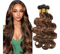 Jucames Real Hair Wefts Bundle, Body Wave Human Hair Extension, 3 Bundles, 100% Unprocessed Virgin Remy Brazilian Hair Wefts, Double Weft Highlight, Brown, Colour for Women 22 24 26 Inches