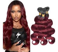 Jucames Real Hair Wefts Bundle, Body Wave Human Hair Extension, 3 Bundles, 100% Unprocessed Virgin Remy Brazilian Hair Wefts, Double Weft, 2 Tones, Ombre, Black and Burgundy Colour, 14, 16, 18 Inches