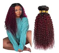 Jucames Real Hair Wefts Bundles Curly Wave Human Hair Extension 3 Bundles 100% Unprocessed Virgin Remy Brazilian Hair Wefts Double Weft 2 Tones Ombre Black and Burgundy Colour 20 22 24 Inch