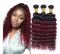 Jucames Real Hair Wefts Bundles Deep Wave Human Hair Extension 3 Bundles 100% Unprocessed Virgin Remy Brazilian Hair Wefts Double Weft 2 Tones Ombre Black and Burgundy Colour 24 26 28 Inches
