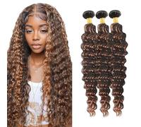 Jucames Real Hair Wefts Bundles Deep Wave Human Hair Extension 3 Bundles 100% Unprocessed Virgin Remy Brazilian Hair Wefts Double Weft Highlight Brown Colour for Woman 26 28 30 Inch