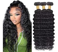 Jucames Real Hair Wefts Bundles Deep Wave Human Hair Extension 3 Bundles 100% Unprocessed Virgin Remy Brazilian Hair Wefts Double Weft Natural Black Colour for Woman 12 14 16 Inches