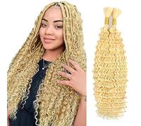 Jucames Real Hair Wefts, Deep Wave Human Braiding Hair Extension, Unprocessed Remy Hair Wefts, No Weft, #613 Blonde Colour for Woman, 14 14 Inches/35