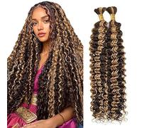 Jucames Real Hair Wefts, Deep Wave Human Braiding Hair Extension, Unprocessed Remy Hair Wefts, No Weft, Highlight Blonde Colour for Women, 14 14 Inches