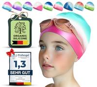 Juclise Swimming Caps for Kids，Girls and Boys, Stretchy Silicone Design, Comfortable Fit for Long and Short Hair (Green-Pink, Age9-15)
