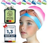 Juclise Swimming Caps for Kids,Girls and Boys, Stretchy Silicone Design, Comfortable Fit for Long and Short Hair (Pink-Blue, Age9-15)