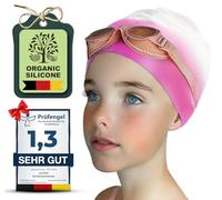 Juclise Swimming Caps for Kids,Girls and Boys, Stretchy Silicone Design, Comfortable Fit for Long and Short Hair (White-Pink, Age 3-8)