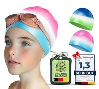 Juclise Swimming Caps for Kids,Girls and Boys, Stretchy Silicone Design, Comfortable Fit for Long and Short Hair (Pink-Blue&Blue-Green, Age9-15)