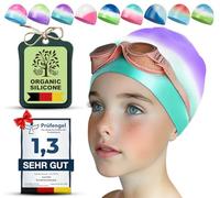 Juclise Swimming Caps for Kids,Girls and Boys, Stretchy Silicone Design, Comfortable Fit for Long and Short Hair (Purple-Green, Age3-8)