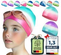 Juclise Swimming Caps for Kids,Girls and Boys, Stretchy Silicone Design, Comfortable Fit for Long and Short Hair (Green-Pink&Purple-Green, Age9-15)