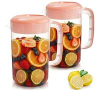 Jucoan 2 Pack 1 Gallon /4L Large Plastic Round Pitcher with Pink Cover Clear Water Jug Carafe Juice Mixing Pitcher with Comfortable Handles Measurement Perfect for Ice Tea, Lemonade Beverage