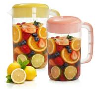 Jucoan 2 Pack 1 Gallon Plastic Straining Pitcher, Large Drink Pitcher Water Carafe Jug Clear Ice Tea Maker Beverage Pitcher with Strainer Cover, Handles, Measurements (Pink + Yellow)