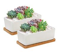 Jucoan 2 Pack 16.5 cm Rectangle White Ceramic Succulent Planter Pot, Modern Minimalist Porcelain Flower Cactus Pot, Plant Window Boxes with BambooTray and Drainge Hole for Home Office Decor