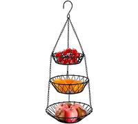 Jucoan 3-Tier Hanging Fruits Basket, Heavy Duty Wire Vegetable Fruit Storage Basket with Metal Chain, Hanging Hooks and Detachable Round Baskets for Kitchen