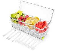 Jucoan Large Ice Chilled Condiment Server with Lid, 4 Compartments Ice Cooled Condiment Caddy, Bar Garnish Serving Platter Holder Tray for Salad Bar, 2 Tongs, 6 Forks