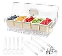 Jucoan Large Ice Chilled Condiment Server with Lid, 5 Compartment Chilled Condiment Caddy, Taco Bar Serving Tray, Garnish Tray for Mimosa Taco Salad Bar, 2 Tongs, 5 Forks