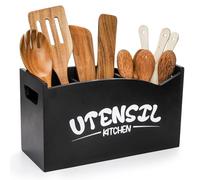 Jucoan Real Wood Utensil Holder with Removable Drainage Bottom, Large 3 Compartments Farmhouse Utensil Organizer Caddy with Handles for Kitchen Countertop Decor, Black