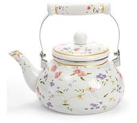 Jucoan Vintage Enamel Tea Kettle, 2.6 Quart Floral Enamel Water Kettle Teapot with Porcelain Handle for Stovetop Home Kitchen Camping, Housewarming Wedding Bridal Shower Gift