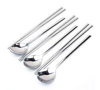JUCOXO Stainless Steel Korean Chopsticks and Spoons Set - 3, Food Grade 18/10 Metal, Long-hand Flat, Square, Dishwasher Safe