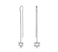 Judaic Star Of David Spiritual Thin Chain Pave Threader Earrings For Bat Mitzvah For Women Teen .925 Sterling Silver
