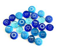 Judaica Glass Stones: Chai, Star of David, Hamsa, Mazel Tov and Shalom on Shades of Blue, Set of 24, by Lifeforce Glass