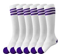 juDanzy 3 Pairs of Knee High Boys or Girls Stripe Team Tube Socks for Soccer, Basketball, Baseball and Everyday Wear, White with Purple Stripes, 6-10 Years