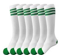 juDanzy 3 Pairs of Knee High Boys or Girls Stripe Team Tube Socks for Soccer, Basketball, baseball and Everyday Wear, White With Green Stripes, 4-6 Years