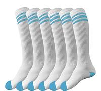 juDanzy 3 Pairs of Knee High Boys or Girls Stripe Team Tube Socks for Soccer, Basketball, Baseball and Everyday Wear, White with Turquoise Stripes, 6-10 Years