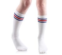 juDanzy Baby, Toddler and Kids Knee High Tube Socks for Boys and Girls with Grips (1 Pair) - - White with Blue/Red Stripes 4-6 Years