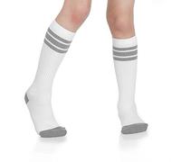 juDanzy Baby, Toddler and Kids Knee High Tube Socks for Boys and Girls with Grips (1 Pair) - White with Gray Strieps - 4-6 Years