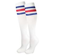 juDanzy J-Socks Premium Striped Adult Knee High Tall Athletic Skater Tube Socks, White With Blue and Red Stripes, Large