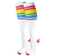 juDanzy J-Socks Premium Striped Adult Knee High Tall Athletic Skater Tube Socks, White With Bright Rainbow Stripes, S