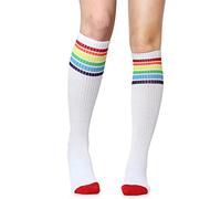 juDanzy J-Socks Premium Striped Adult Knee High Tall Athletic Skater Tube Socks, White With Rainbow Stripes, Large