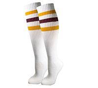 juDanzy J-Socks Premium Triple Stripe Adult Knee High Tall Athletic Tube Socks (Small, White With Gold Yellow and Maroon Stripes)