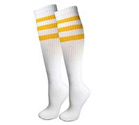 juDanzy J-Socks Premium Triple Stripe Adult Knee High Tall Athletic Tube Socks, White with Gold Yellow Stripes - Small