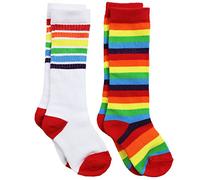 juDanzy Knee High Tall Baby, Toddler and Kids Socks with Arch Support - White With Rainbow & Rainbow Stripe - 2-4 Years