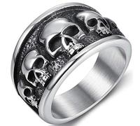 JUDE Retro Vintage Stainless Steel Gothic Death Skull Skeleton Cocktail Party Biker Statement Halloween Ring, Metal, Cubic Zirconia