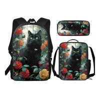 JUDENTIDOS Black Cat Rose Backpack for Girls 3Pcs School Bookbag with Lunch Box and Pencil Case School Bookbag Set for Elementary 3 in 1 School Bag for 3th Grade