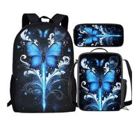 JUDENTIDOS Blue Butterfly Print 3Pcs Backpack and Lunchbox Set for School Kids School Backpack for Girls Elementary Middle School Bookbags