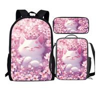 JUDENTIDOS Cherry Blossom Cat Backpack for Girls 3Pcs School Bookbag with Lunch Box and Pencil Case School Bookbag Set for Elementary 3 in 1 School Bag for 3th Grade