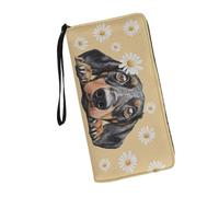 JUDENTIDOS Cute Dachshund Daisy Print Womens Wristlet Wallet Leather Zipper Long Purse RFID Blocking Card Holder Clutch Organizer