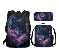 JUDENTIDOS Galaxy Wolf Backpack for Boys School Backpack with Insulated Lunch Box Pen Case Set, Cute Kids Backpack Kindergarten Elementary Middle School Book Bag