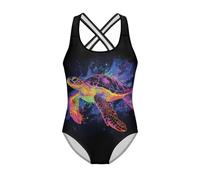JUDENTIDOS Neon Sea Turtle Print Girls One-Piece Swimsuit Cute Bathing Suit with Cross Back Straps Swimwear for Beach Size 5 to 14 Years Perfect for Swimming and Gymnastics Leotards