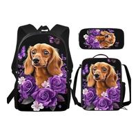 JUDENTIDOS School Backpack for Boys Girls Kids Bookbag with Lunch Box Pencil Case Middle School Bags, Funny Dachshund Floral